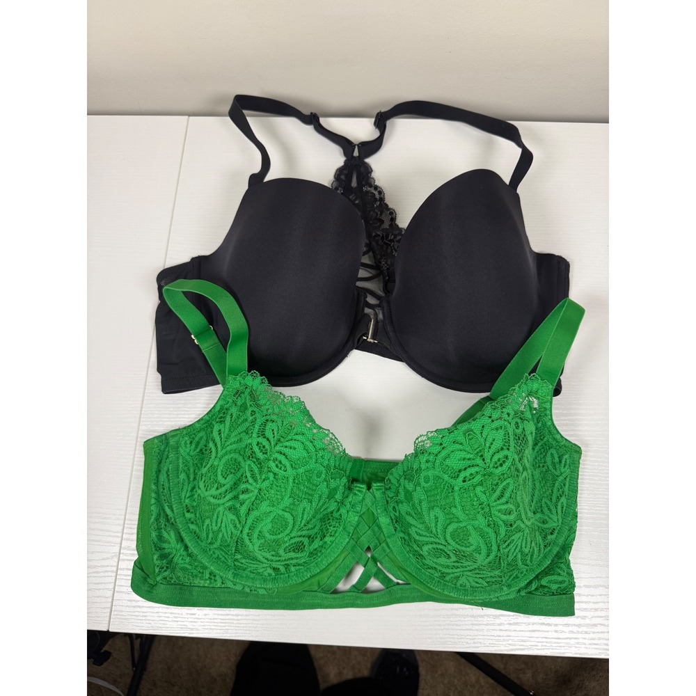Adore Me Black Front Close Racerback Bra & Green Lace Underwire Bra Set 38DD